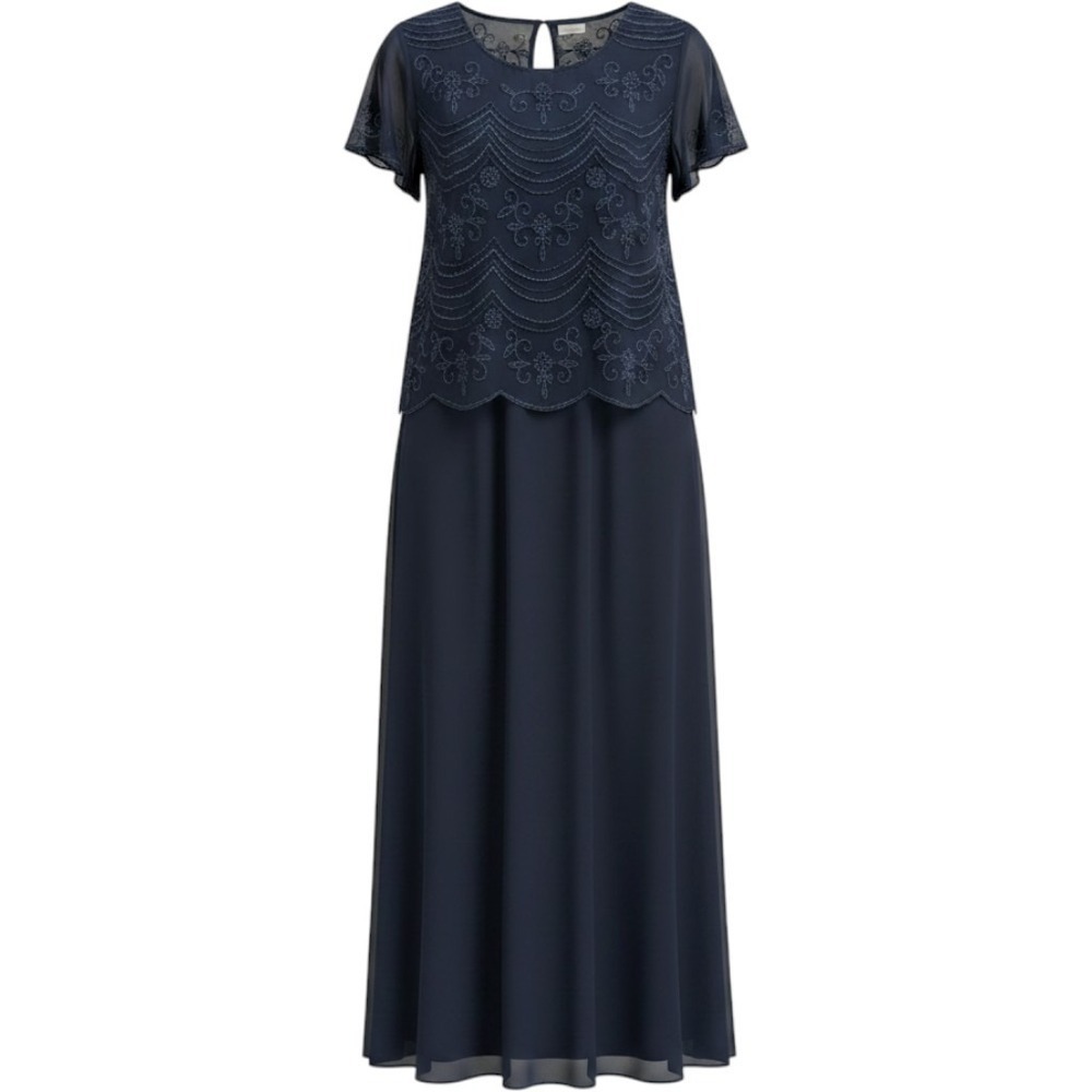 R&M Richards Beaded Maxi Dress Women 18 Navy Blue Formal Evening‎ Gown Vtg